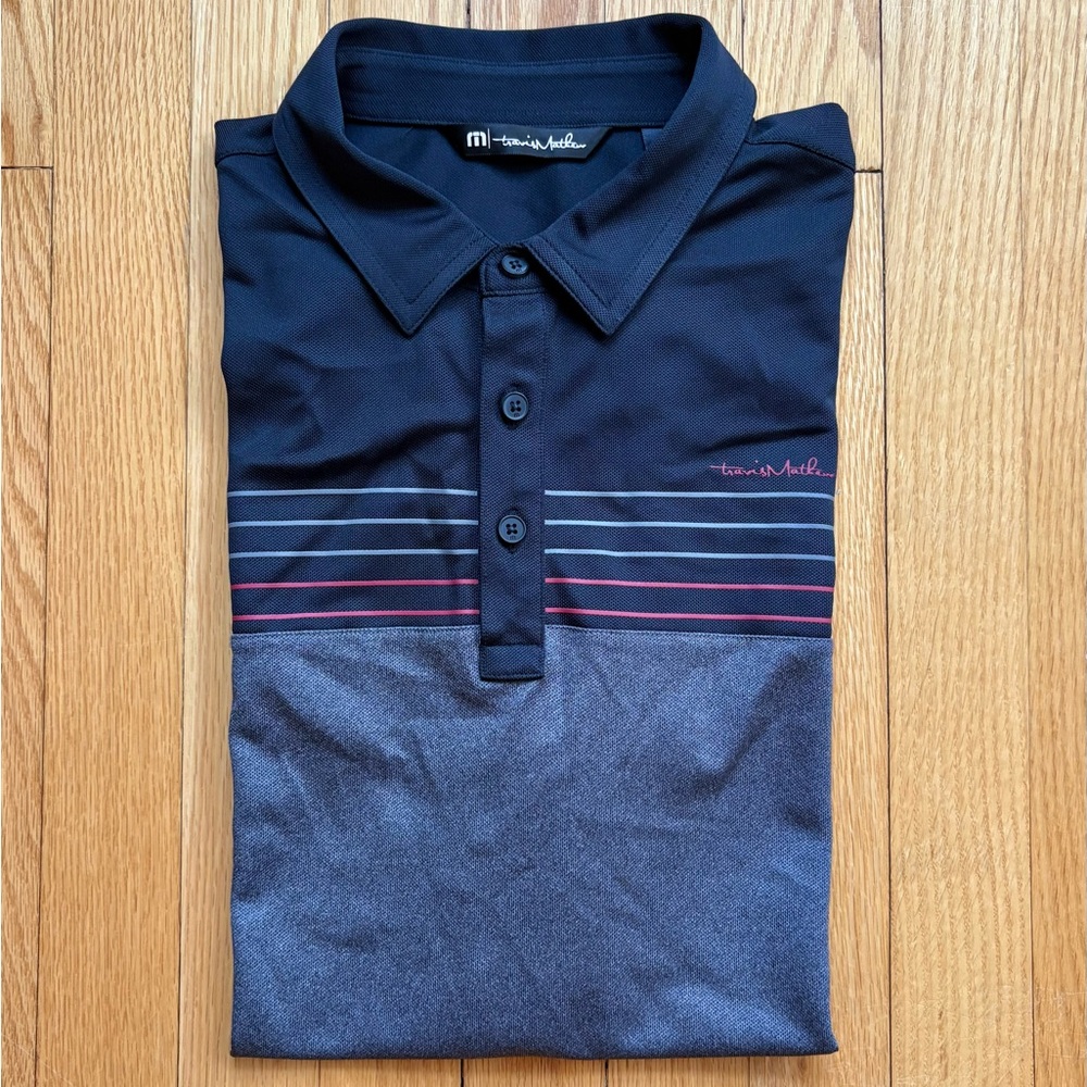 Travis Mathew Men’s Short Sleeve Performance Polo Large Red Gray Black Stripes